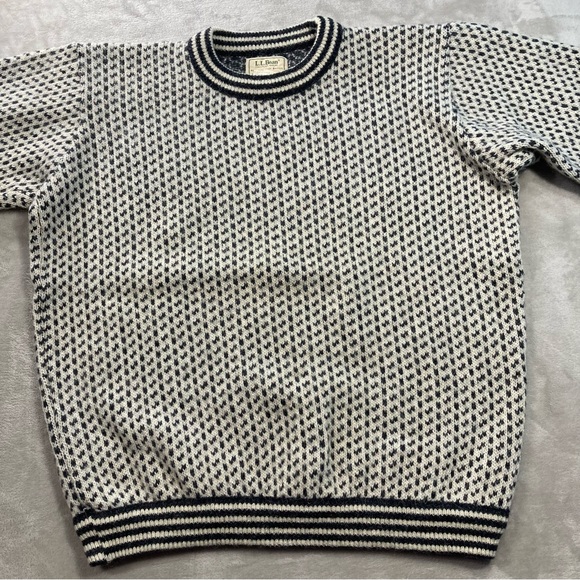 Vintage L.L. Bean Sweater Birds Eye Gray Cream Norway Knit Fisherman Sz XLT - Picture 2 of 7